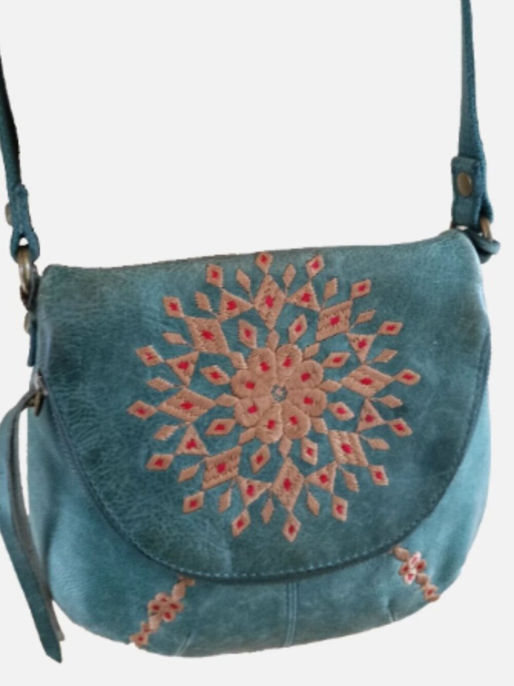 Lucky Brand Genuine Leather Embroidery Shoulder Bag Multiple Compartments Green - Picture 16 of 16